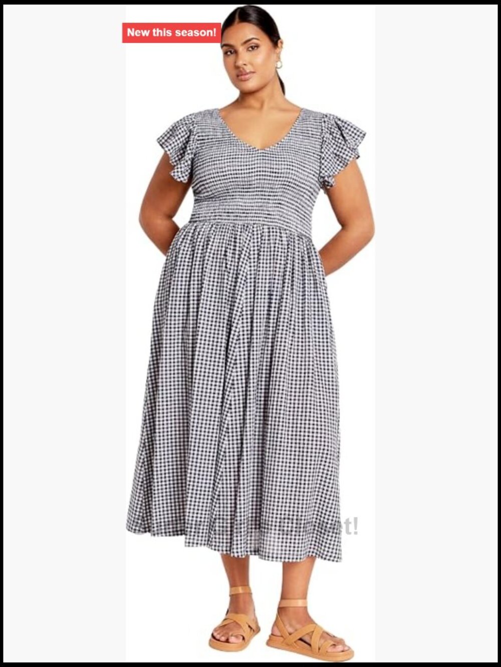 Plus Size Cotton Midi Dress Flutter Sleeve V-Neck